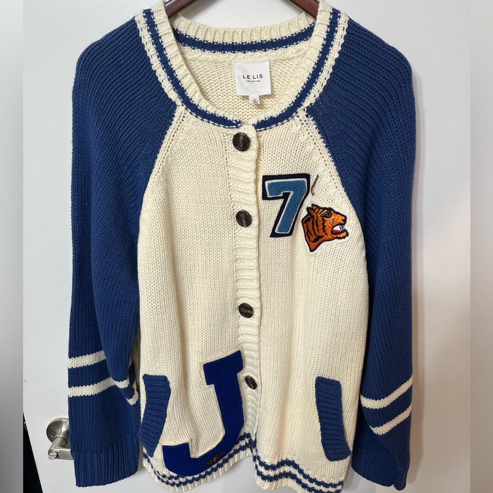 Le Lis letterman sweater, athletic patches and removable pin
